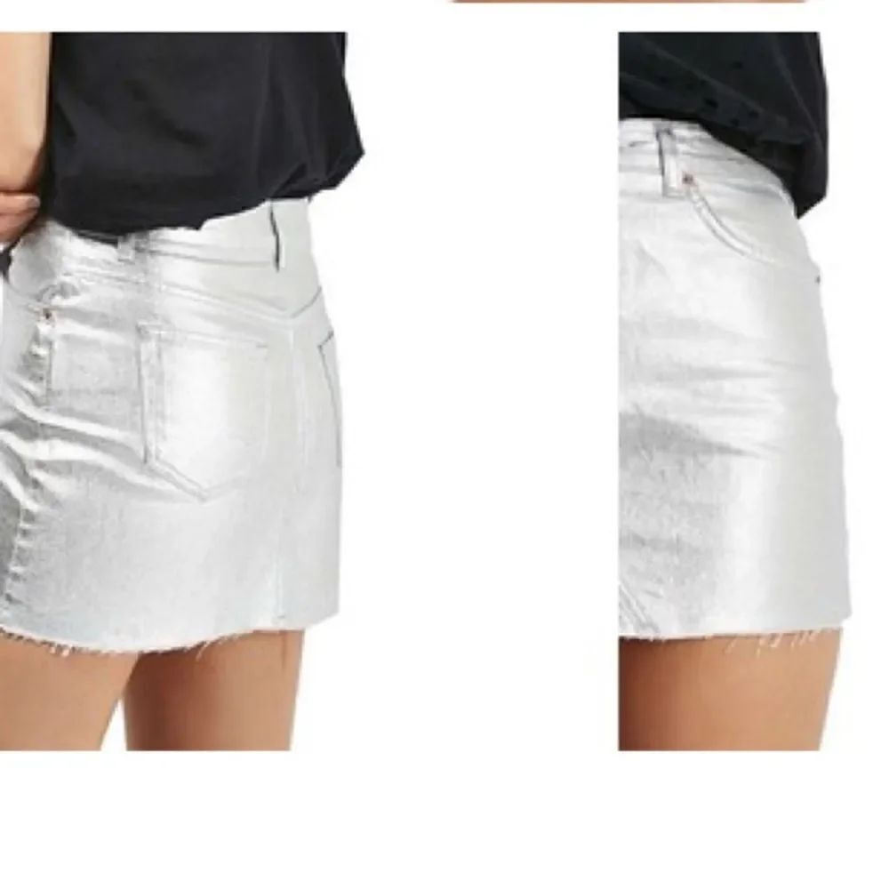 Topshop Silver Metallic Frayed Hem Moto Mini Skirt Size 6 - Picture 3 of 10